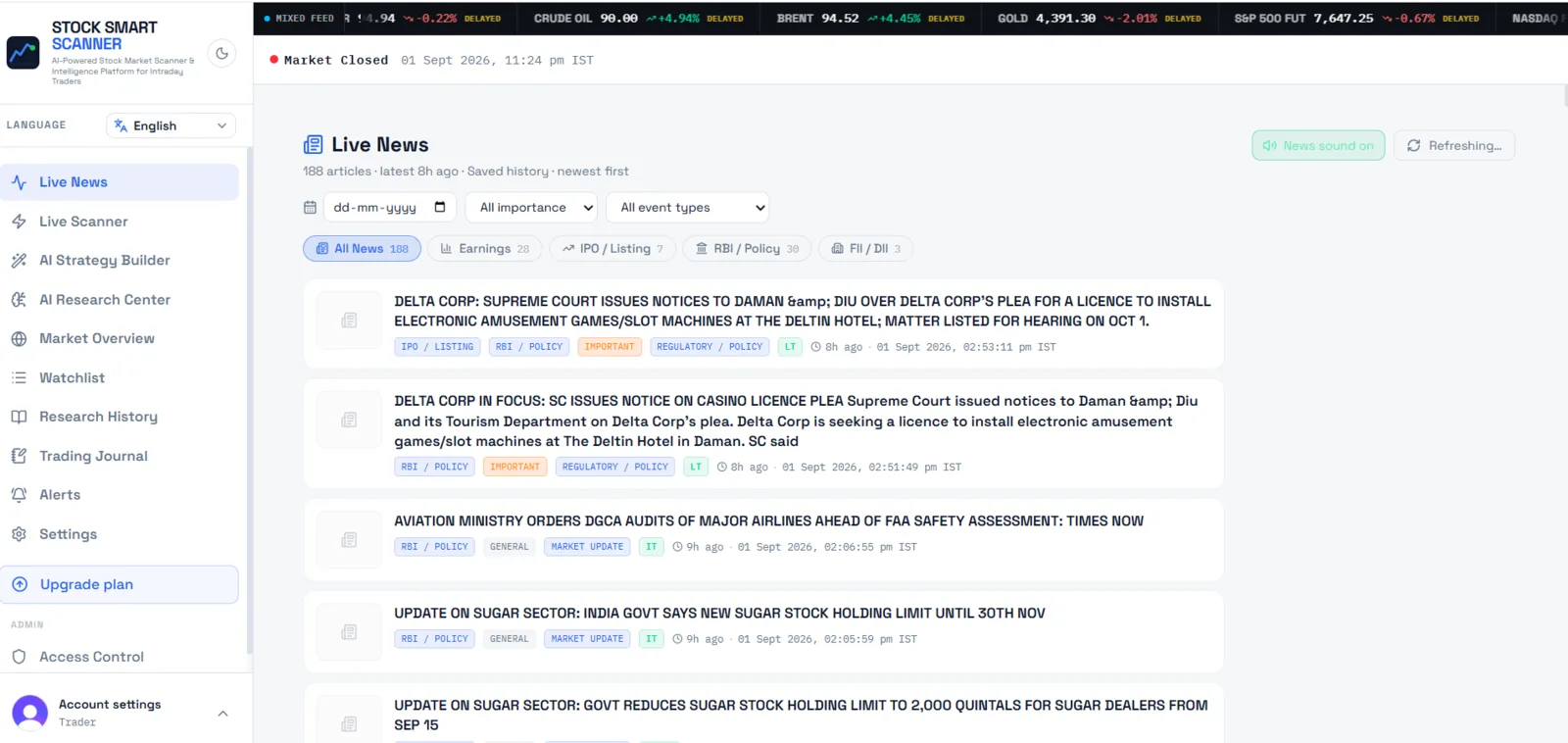 Live market news workspace with company headlines and timestamps